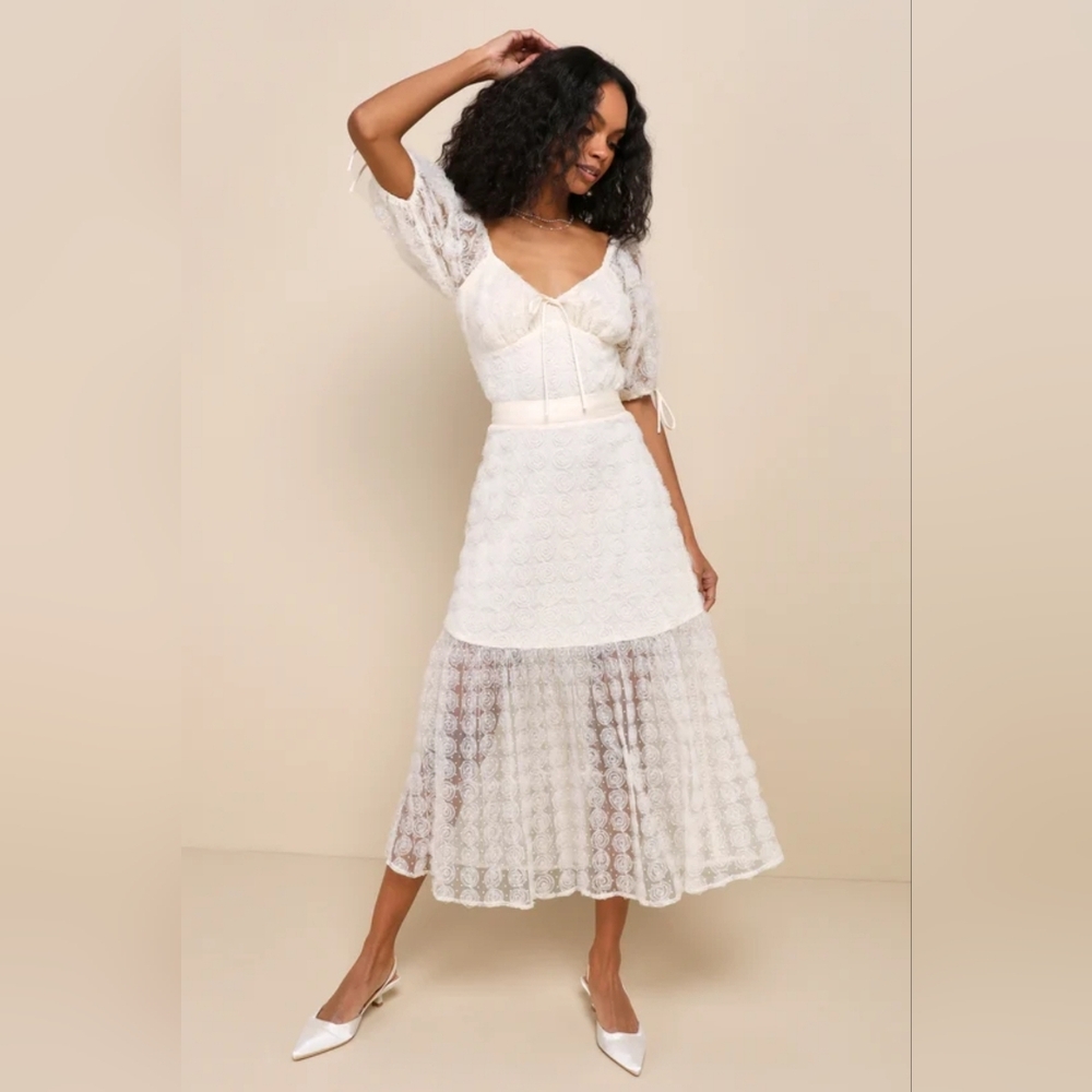 Lulus Tulle Swiss Dot Rosette Midi Skirt in Cream